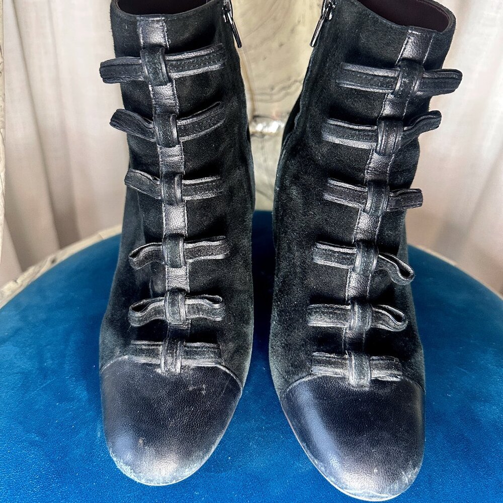 See By Chloé Black Military-Style Mid-Calf Boots with Bows